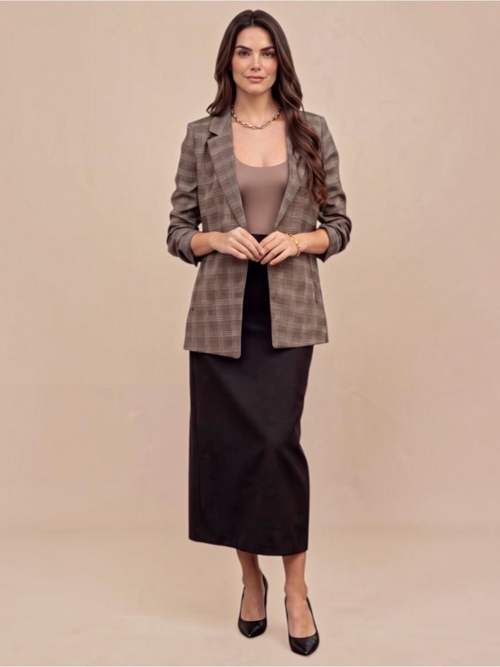 Studio Brown Plaid 3/4 Sleeve Ruched Blazer Sm Med Lg - Picture 16 of 16
